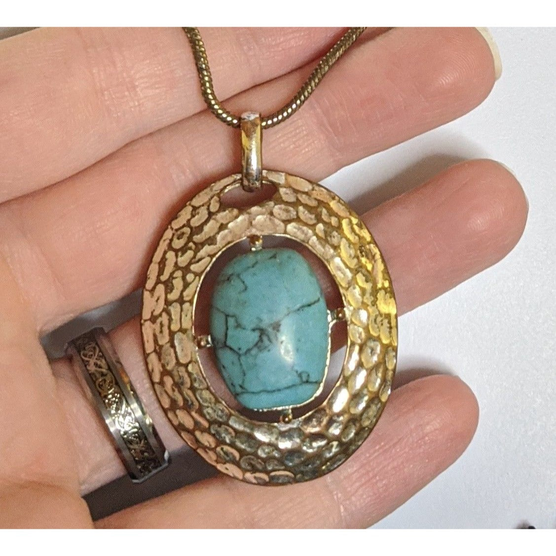 Vintage Trifari Bohemian Silver-Tone & Faux Turquoise Stone Pendant Necklace
