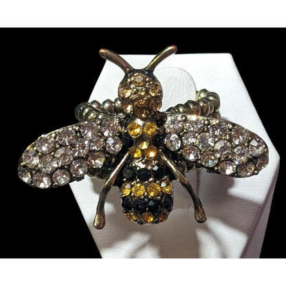 Whimsical Rhinestone Bee Silver Tone Stretch Ring Size 8