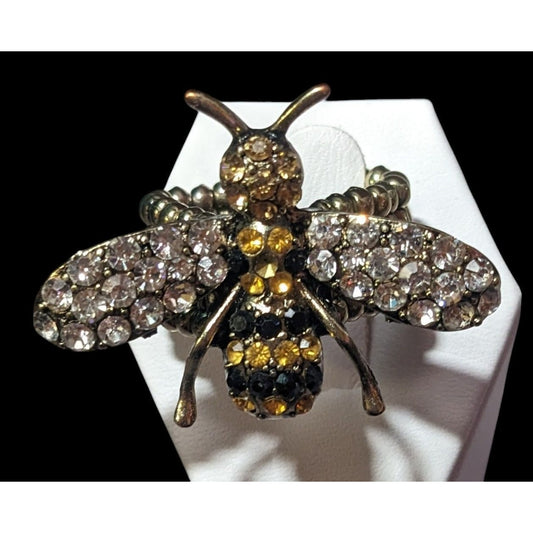 Whimsical Rhinestone Bee Silver Tone Stretch Ring Size 8