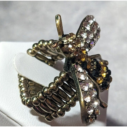 Whimsical Rhinestone Bee Silver Tone Stretch Ring Size 8