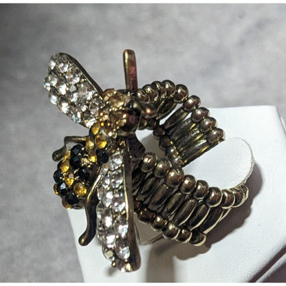 Whimsical Rhinestone Bee Silver Tone Stretch Ring Size 8