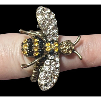 Whimsical Rhinestone Bee Silver Tone Stretch Ring Size 8