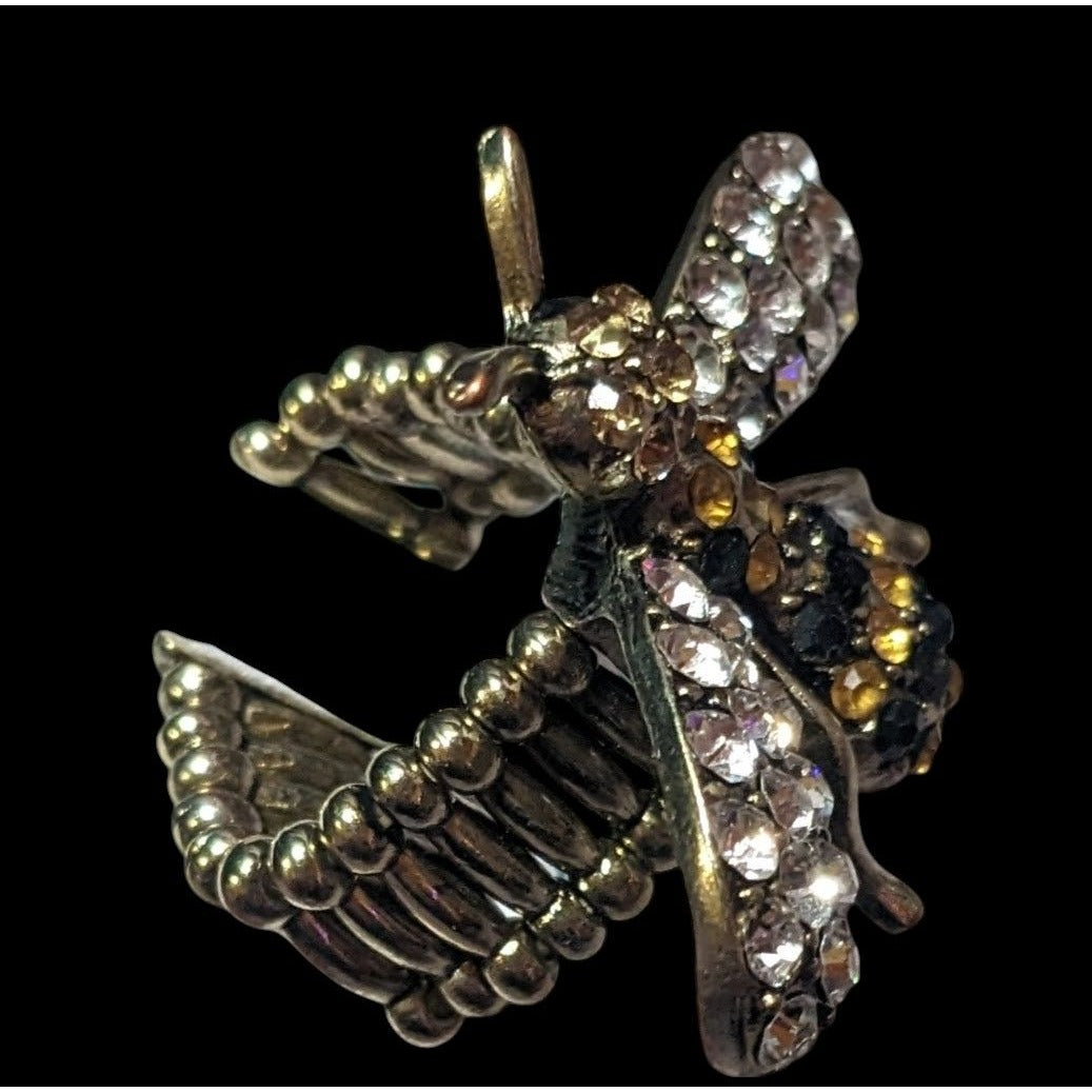 Whimsical Rhinestone Bee Silver Tone Stretch Ring Size 8