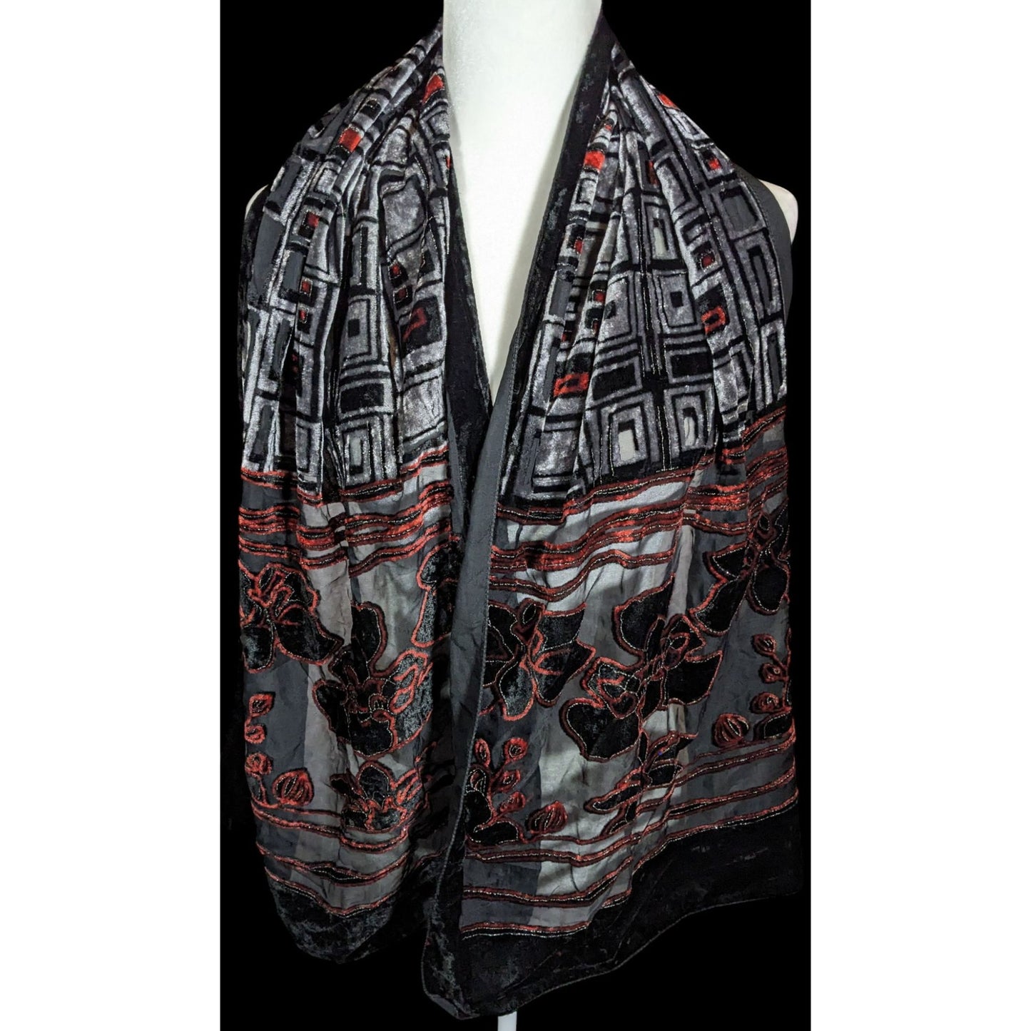 Vintage Floral And Geometric Black Red And Silver Tone Burnout Velvet Scarf