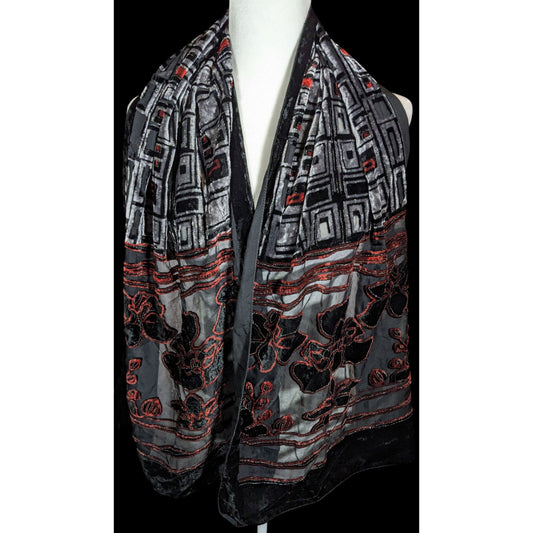 Vintage Floral And Geometric Black Red And Silver Tone Burnout Velvet Scarf