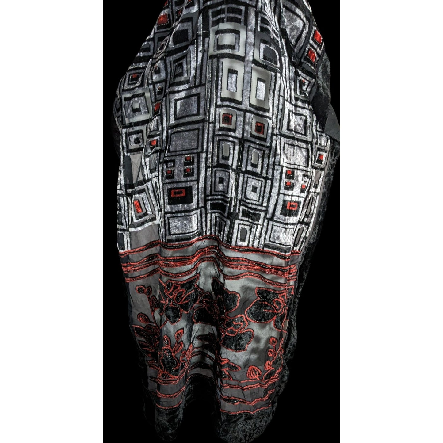Vintage Floral And Geometric Black Red And Silver Tone Burnout Velvet Scarf