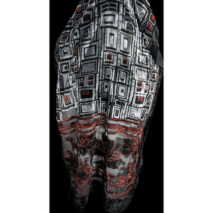 Vintage Floral And Geometric Black Red And Silver Tone Burnout Velvet Scarf