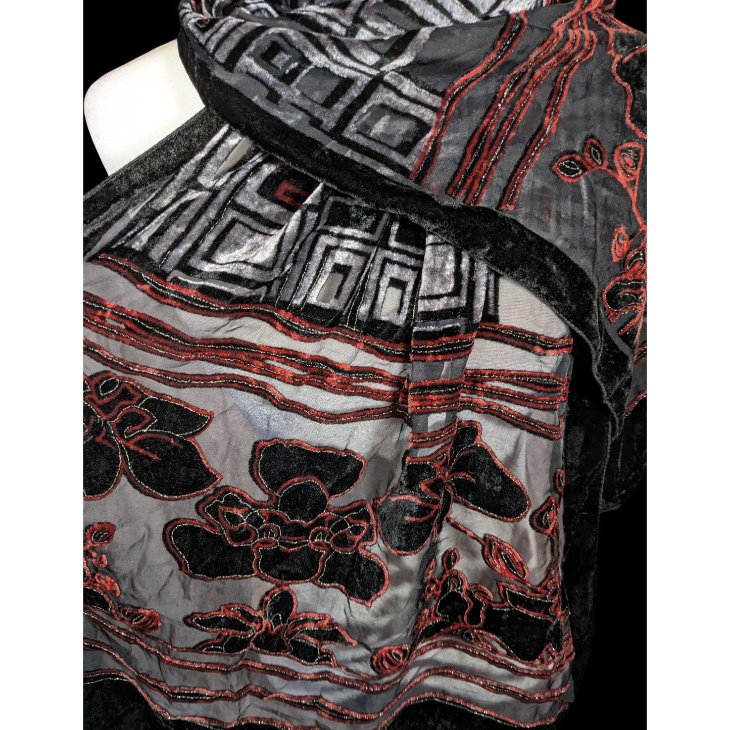 Vintage Floral And Geometric Black Red And Silver Tone Burnout Velvet Scarf