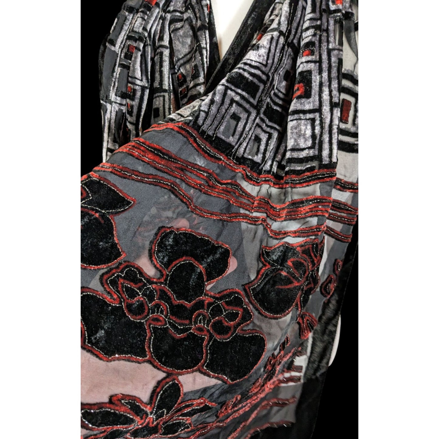 Vintage Floral And Geometric Black Red And Silver Tone Burnout Velvet Scarf