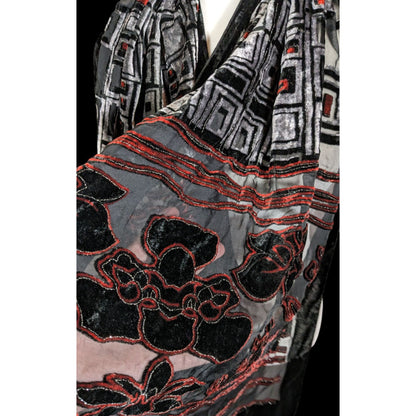 Vintage Floral And Geometric Black Red And Silver Tone Burnout Velvet Scarf
