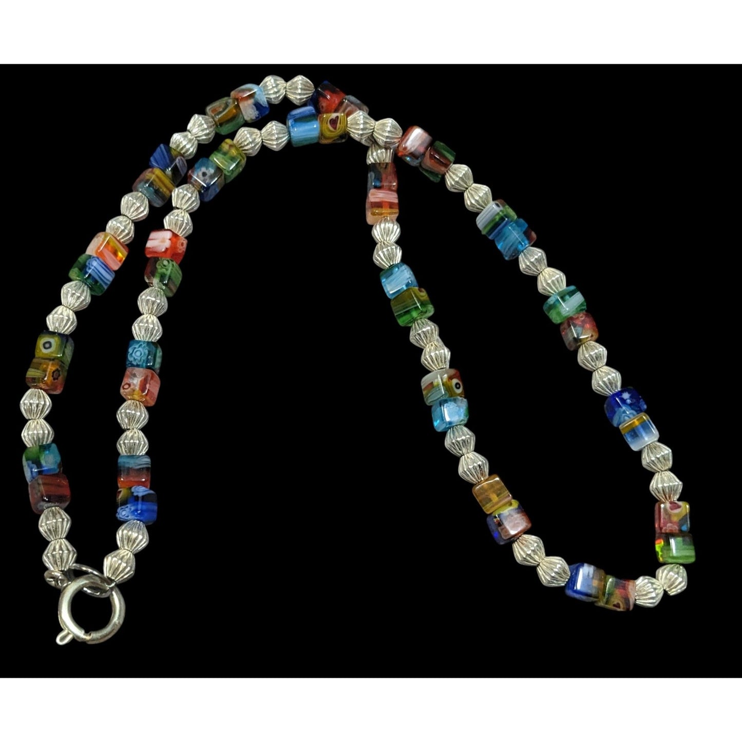 Millefiori Glass Cube And Silver Tone Beaded Necklace