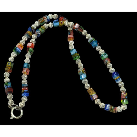 Millefiori Glass Cube And Silver Tone Beaded Necklace