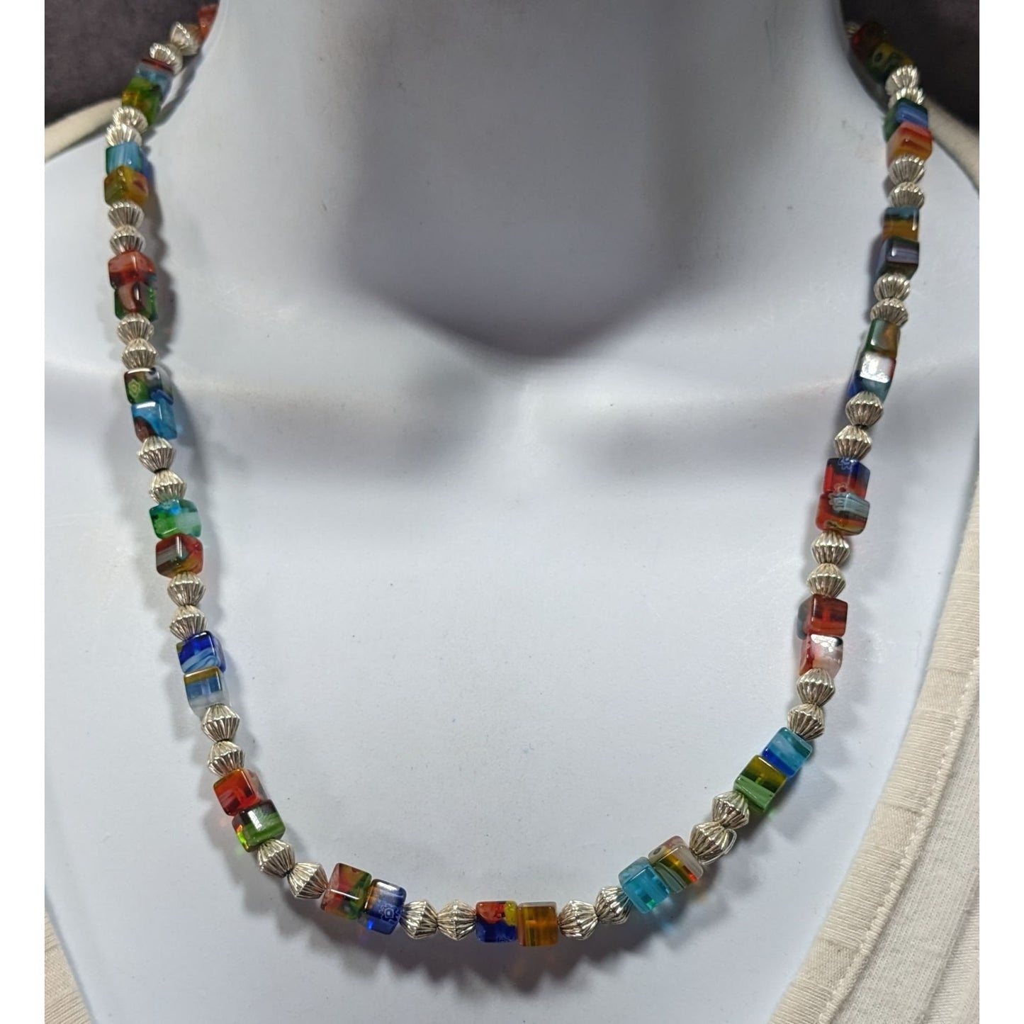 Millefiori Glass Cube And Silver Tone Beaded Necklace