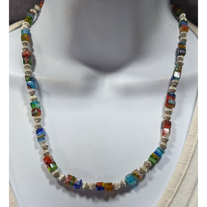Millefiori Glass Cube And Silver Tone Beaded Necklace