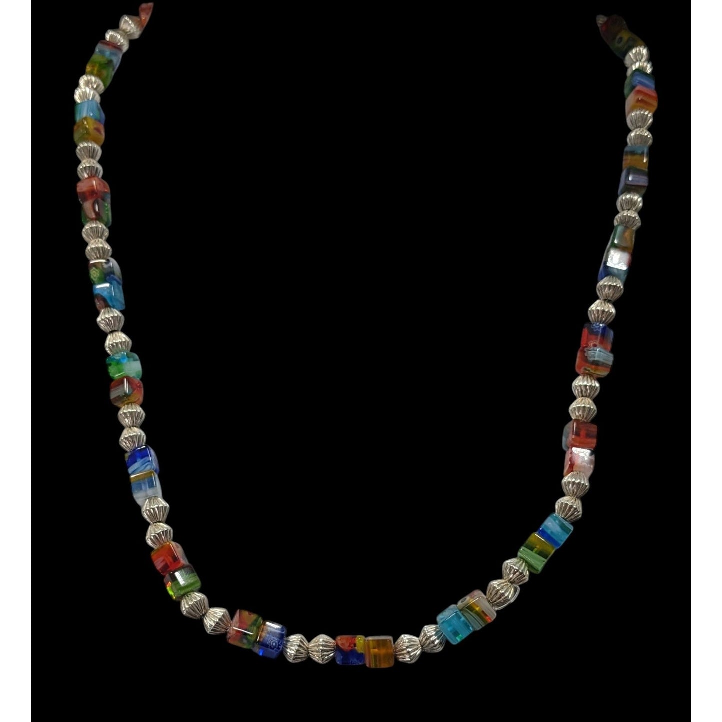 Millefiori Glass Cube And Silver Tone Beaded Necklace