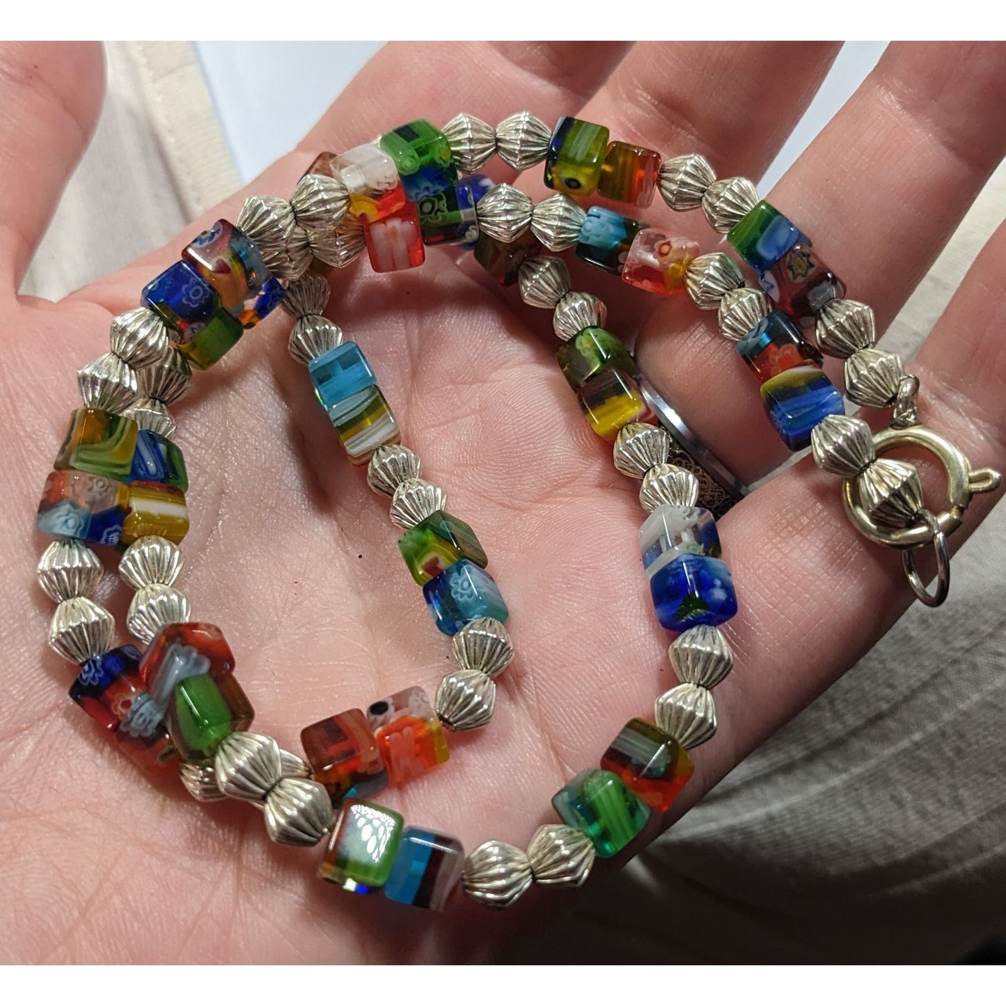 Millefiori Glass Cube And Silver Tone Beaded Necklace