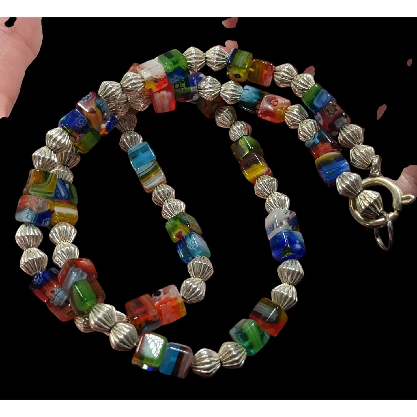 Millefiori Glass Cube And Silver Tone Beaded Necklace