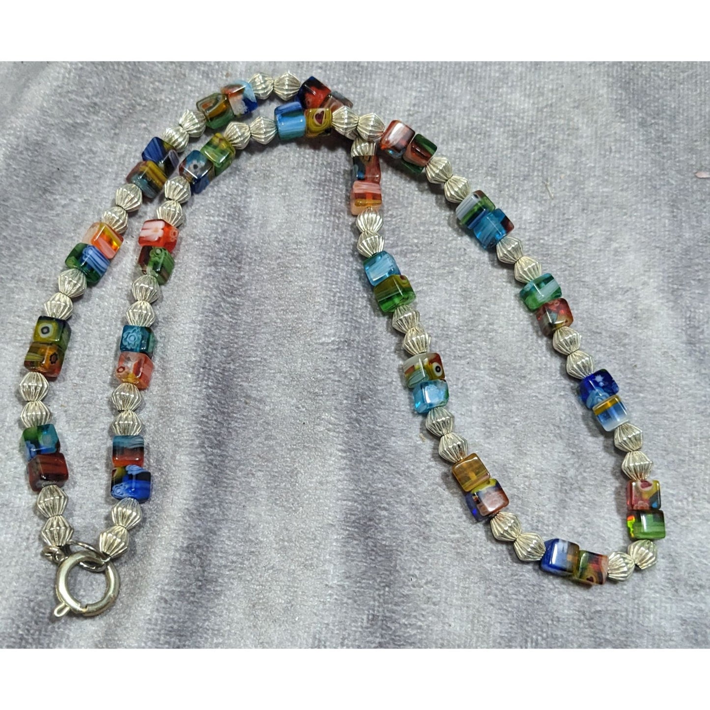 Millefiori Glass Cube And Silver Tone Beaded Necklace