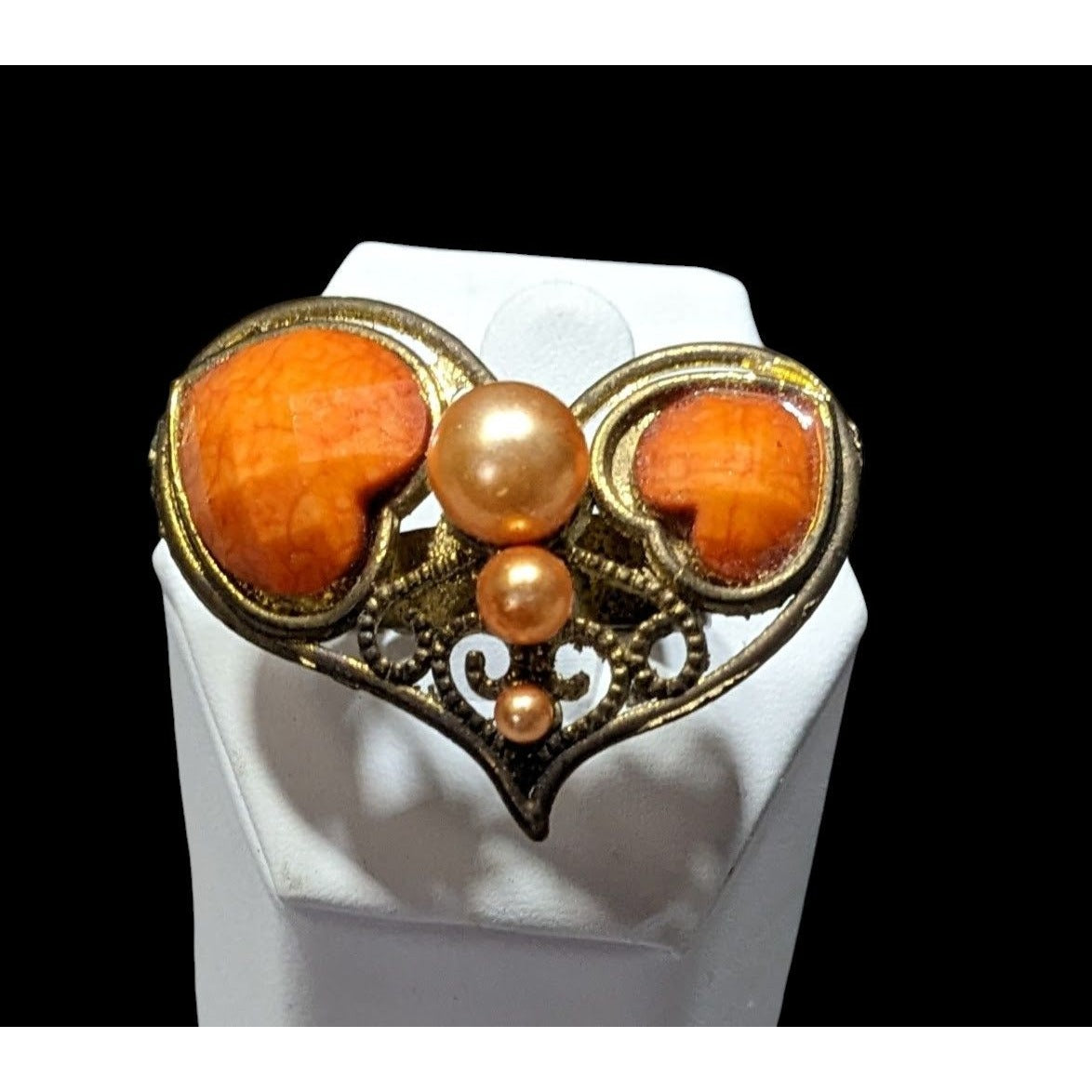 Steampunk Heart Shaped Orange And Gold Tone Adjustable Ring