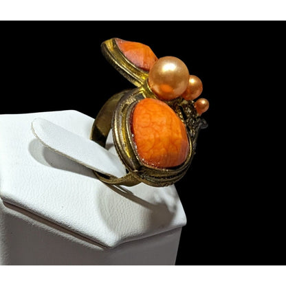 Steampunk Heart Shaped Orange And Gold Tone Adjustable Ring