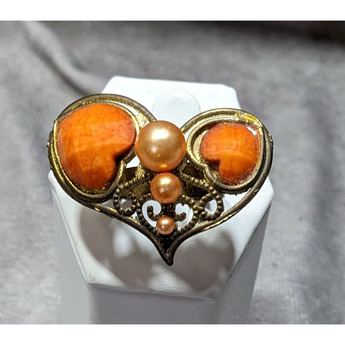 Steampunk Heart Shaped Orange And Gold Tone Adjustable Ring