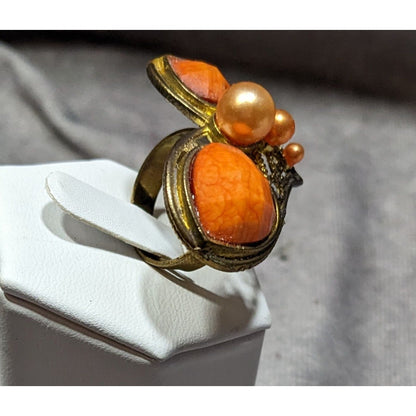 Steampunk Heart Shaped Orange And Gold Tone Adjustable Ring