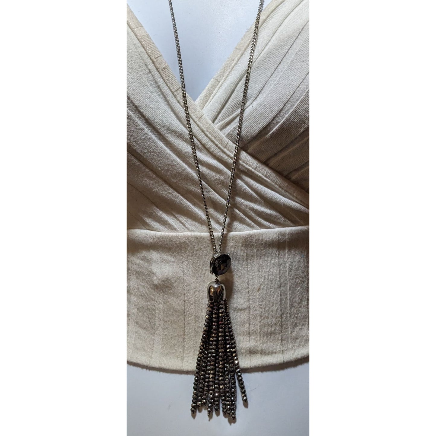 Preppy Glam Silver Sparkle Loft Tassel Necklace