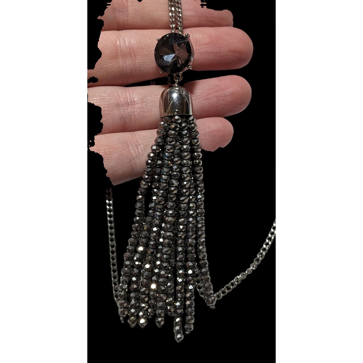 Preppy Glam Silver Sparkle Loft Tassel Necklace