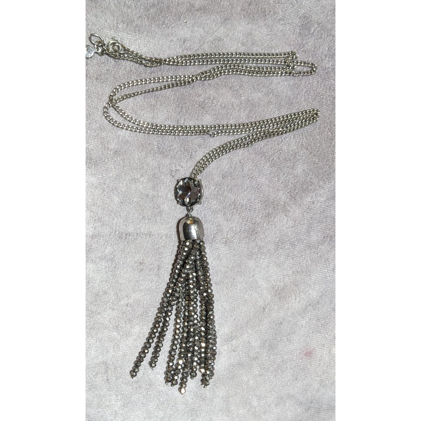 Preppy Glam Silver Sparkle Loft Tassel Necklace