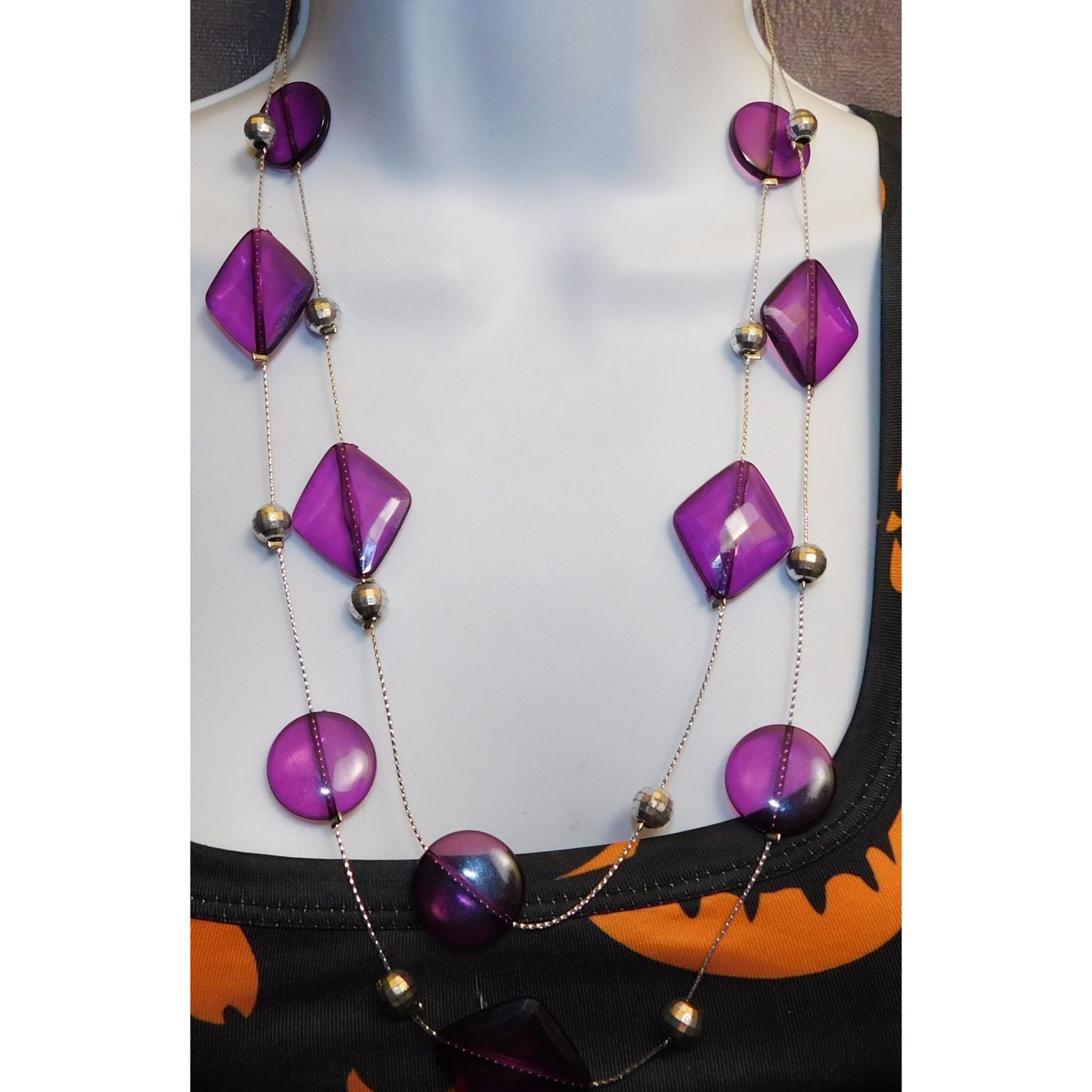 Whimsical Purple And Silver Tone Layered Station Necklace