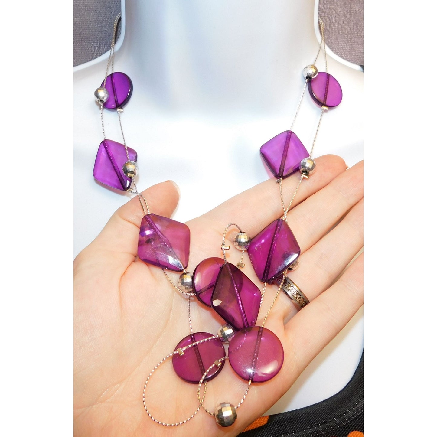 Whimsical Purple And Silver Tone Layered Station Necklace