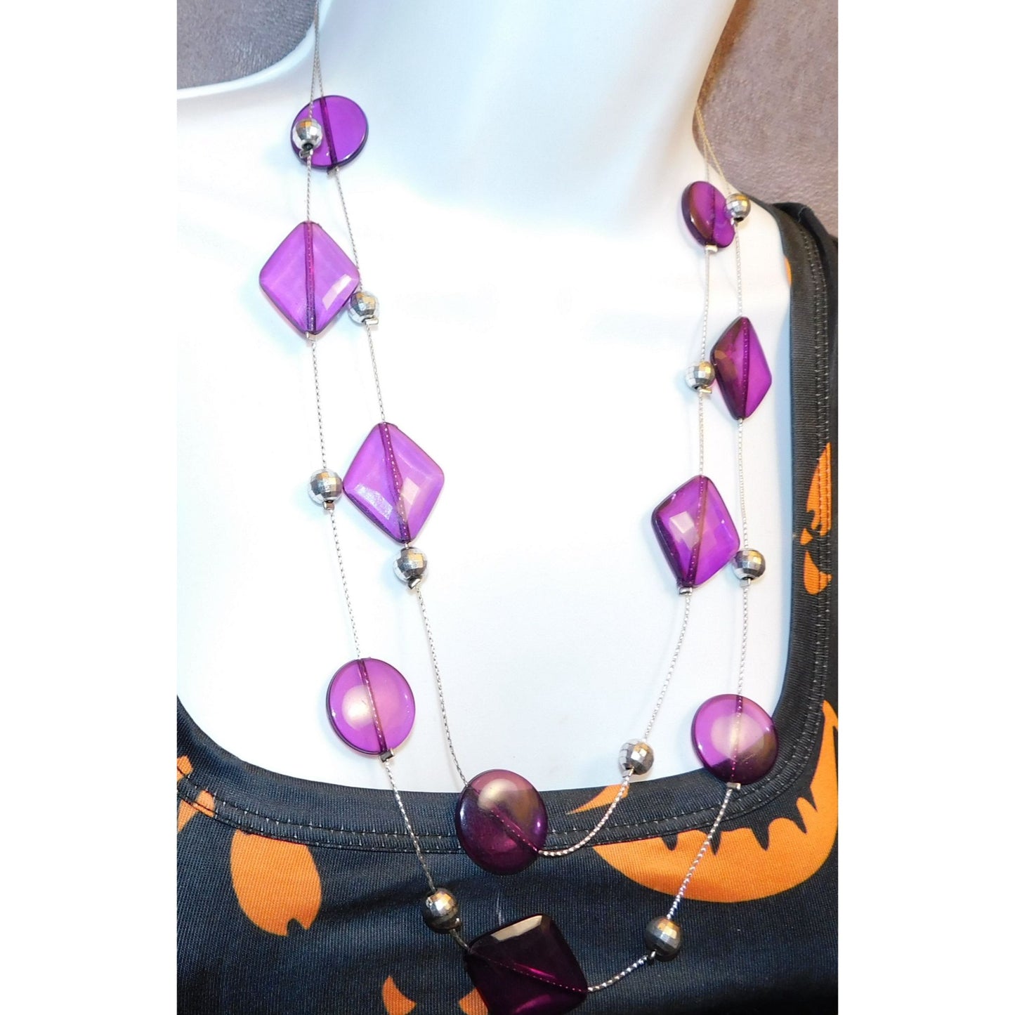 Whimsical Purple And Silver Tone Layered Station Necklace