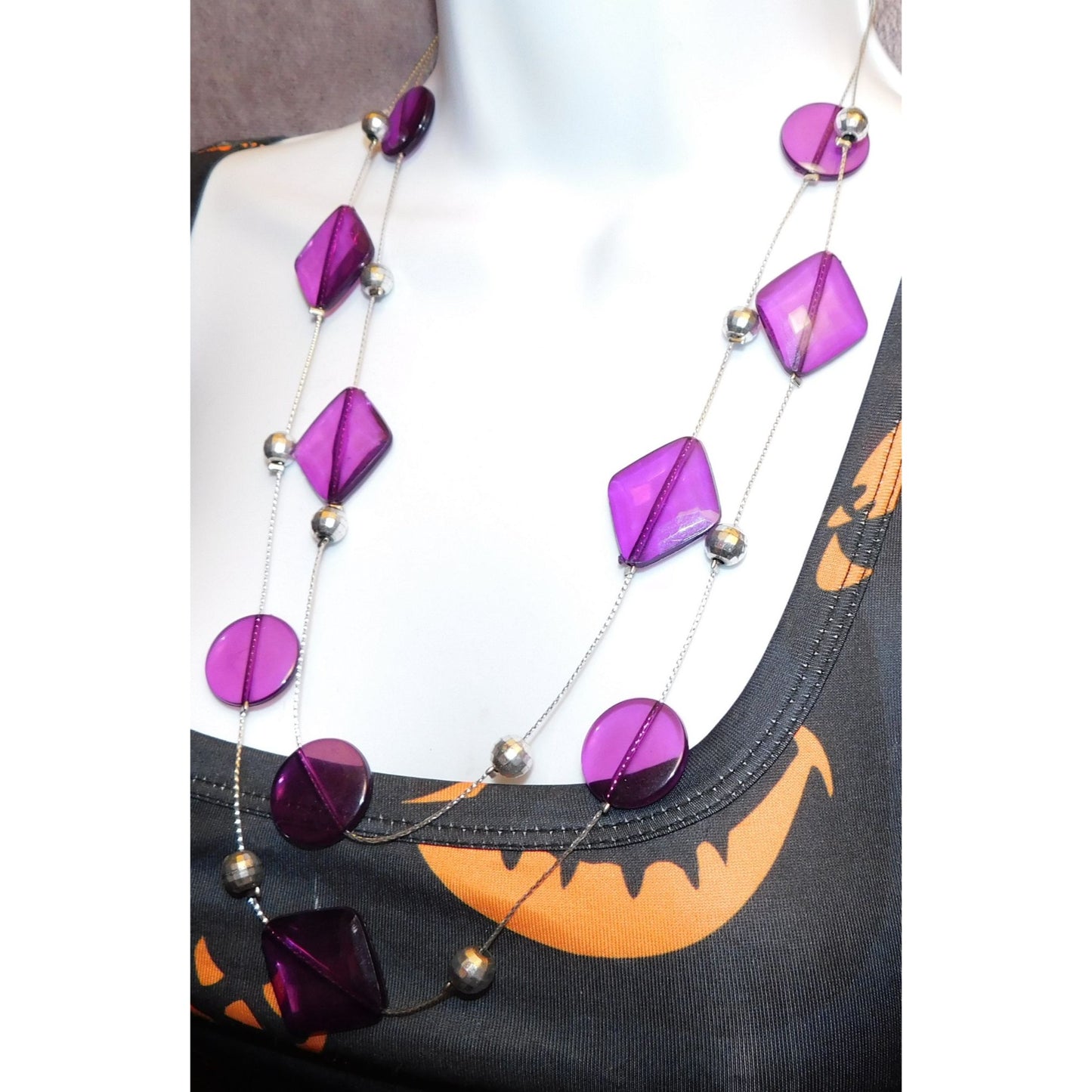 Whimsical Purple And Silver Tone Layered Station Necklace