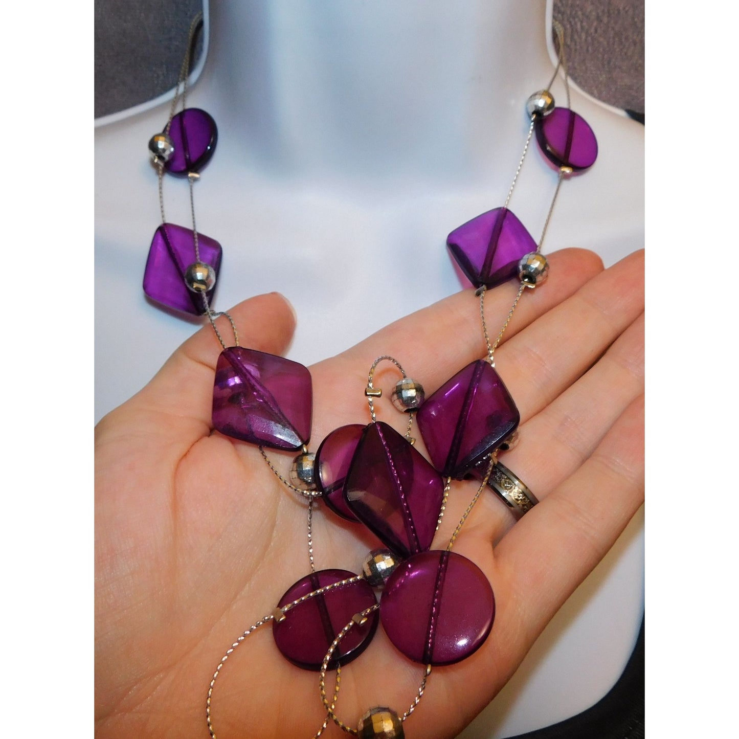 Whimsical Purple And Silver Tone Layered Station Necklace