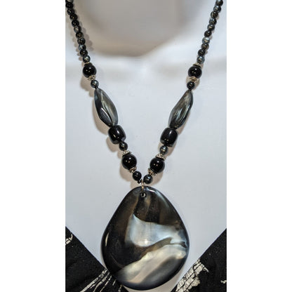Black Lucite Statement Pendant Necklace Marbled Acrylic Beaded Modern Art Jewelry