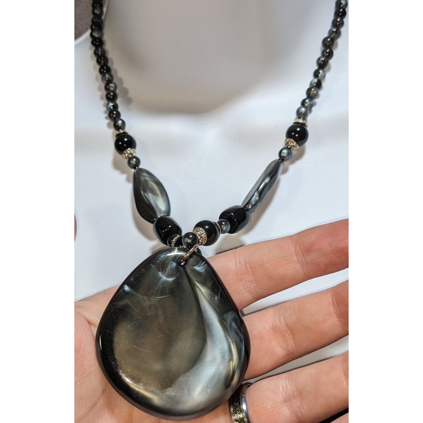 Black Lucite Statement Pendant Necklace Marbled Acrylic Beaded Modern Art Jewelry