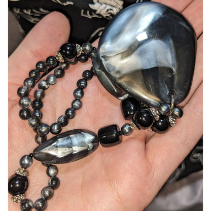 Black Lucite Statement Pendant Necklace Marbled Acrylic Beaded Modern Art Jewelry