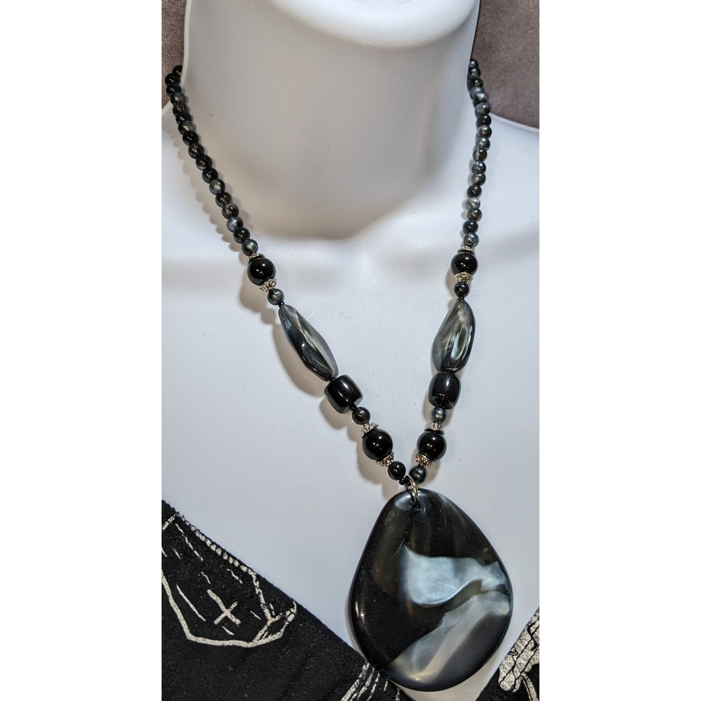 Black Lucite Statement Pendant Necklace Marbled Acrylic Beaded Modern Art Jewelry