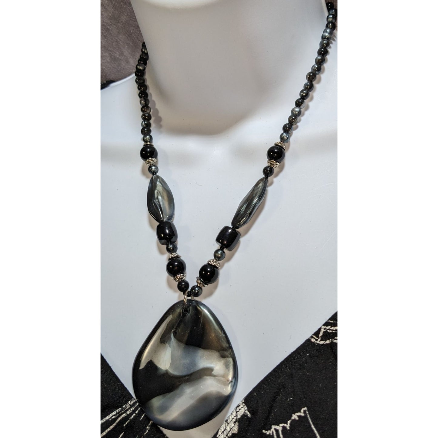 Black Lucite Statement Pendant Necklace Marbled Acrylic Beaded Modern Art Jewelry