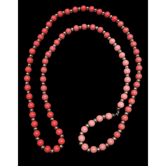 Vintage Retro Pink Red And Silver Tone Beaded Necklace