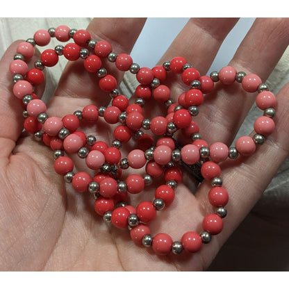 Vintage Retro Pink Red And Silver Tone Beaded Necklace