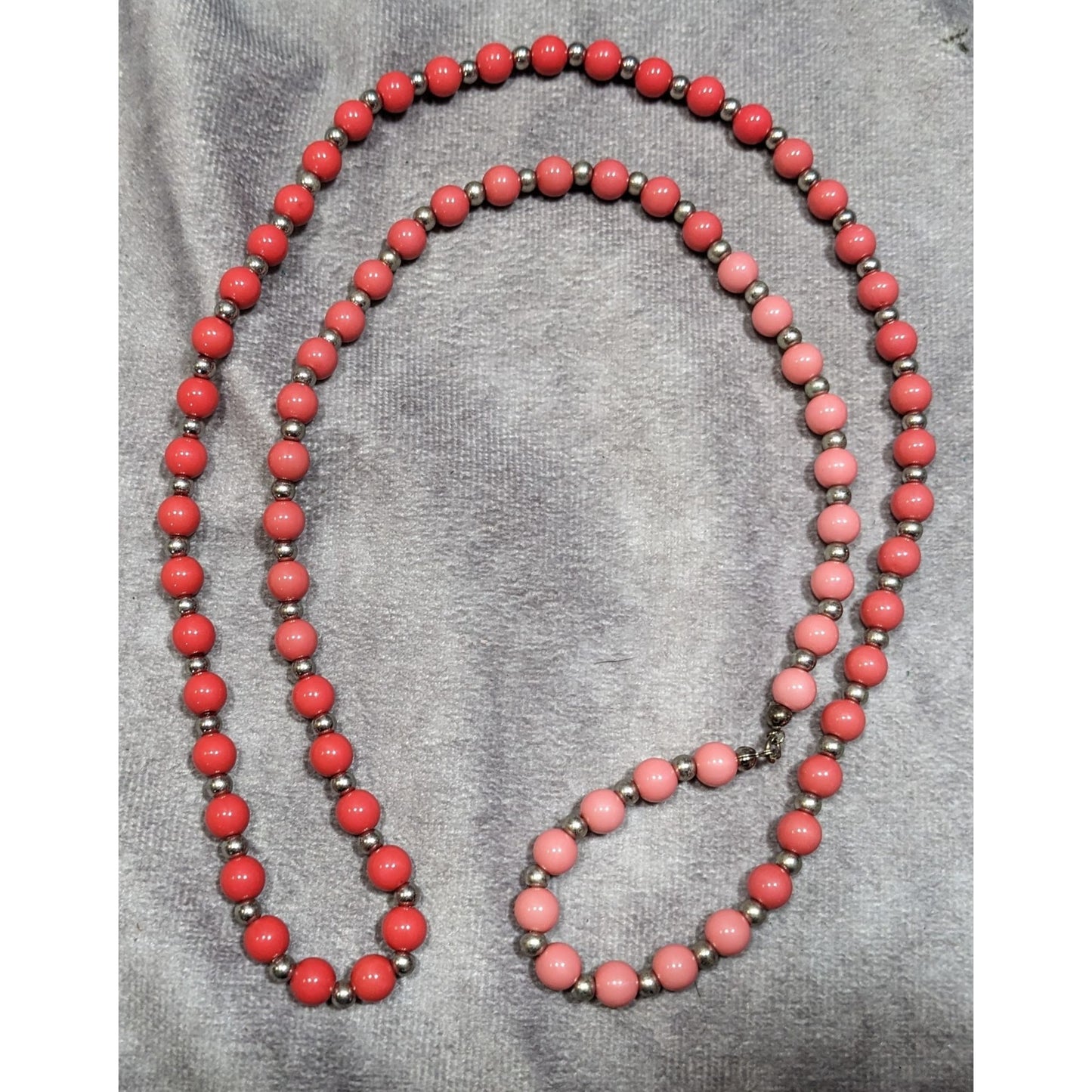 Vintage Retro Pink Red And Silver Tone Beaded Necklace
