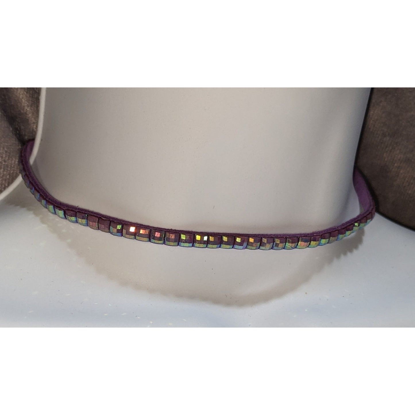 Purple Iridescent Studded Choker Necklace Iridescent Tile Bead Faux Suede Y2K Fairycore Festival