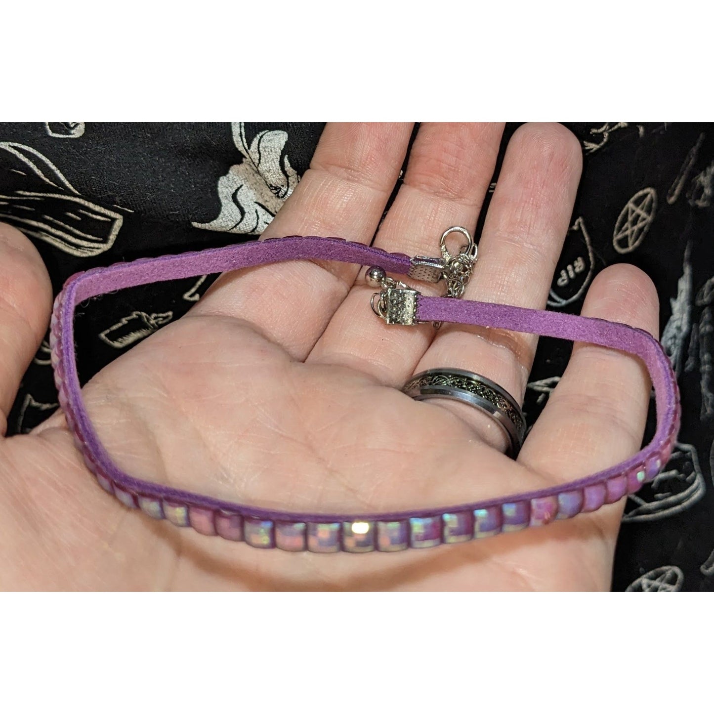 Purple Iridescent Studded Choker Necklace Iridescent Tile Bead Faux Suede Y2K Fairycore Festival