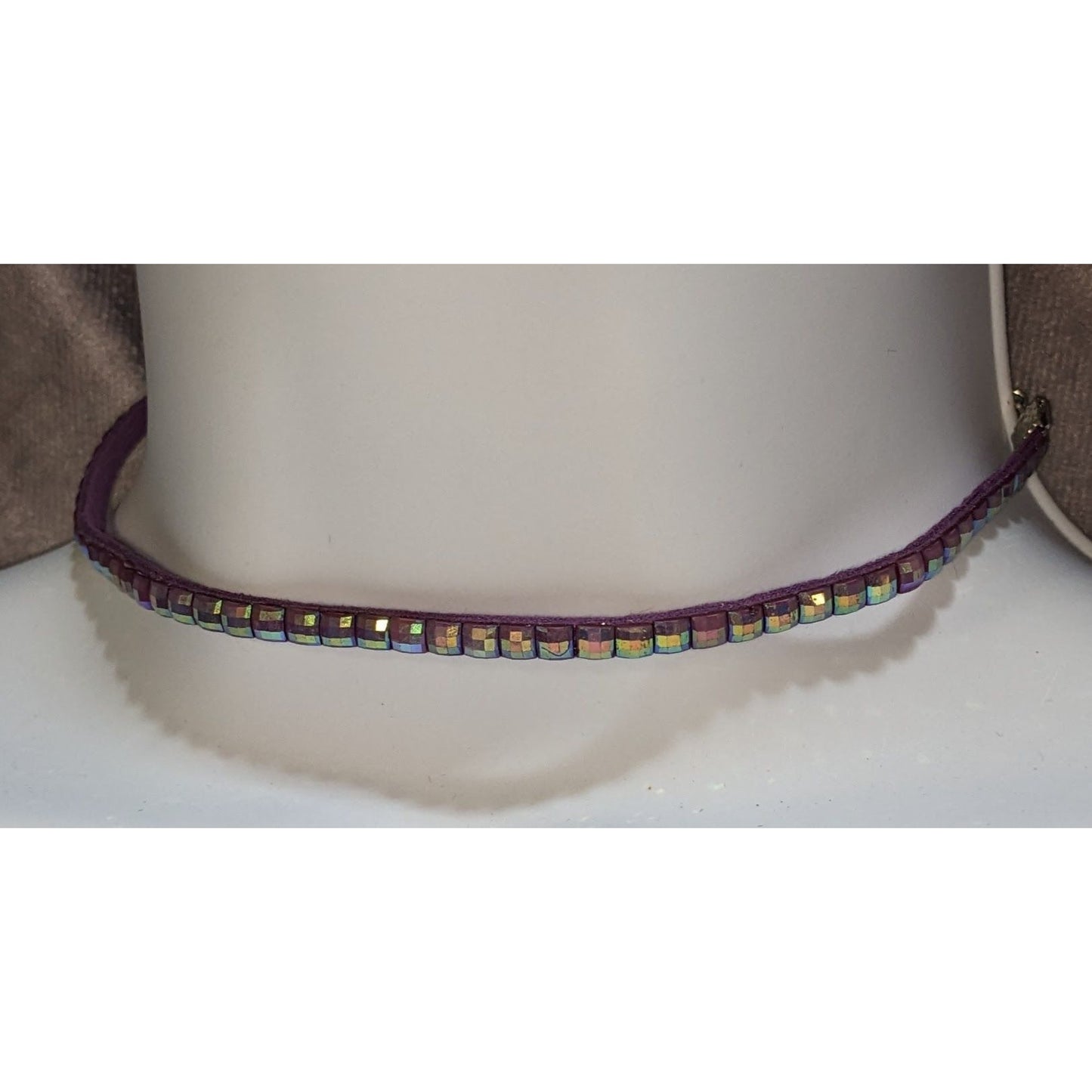 Purple Iridescent Studded Choker Necklace Iridescent Tile Bead Faux Suede Y2K Fairycore Festival