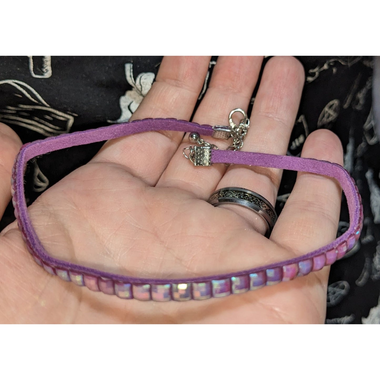 Purple Iridescent Studded Choker Necklace Iridescent Tile Bead Faux Suede Y2K Fairycore Festival