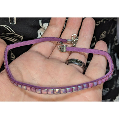 Purple Iridescent Studded Choker Necklace Iridescent Tile Bead Faux Suede Y2K Fairycore Festival