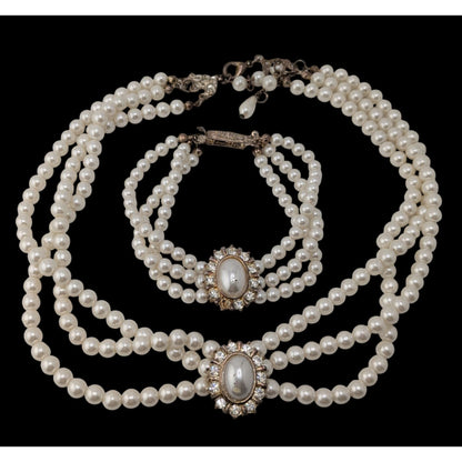 Vintage Faux Pearl Necklace Bracelet Set Rhinestone Victorian Elegance Jewelry