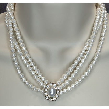 Vintage Faux Pearl Necklace Bracelet Set Rhinestone Victorian Elegance Jewelry