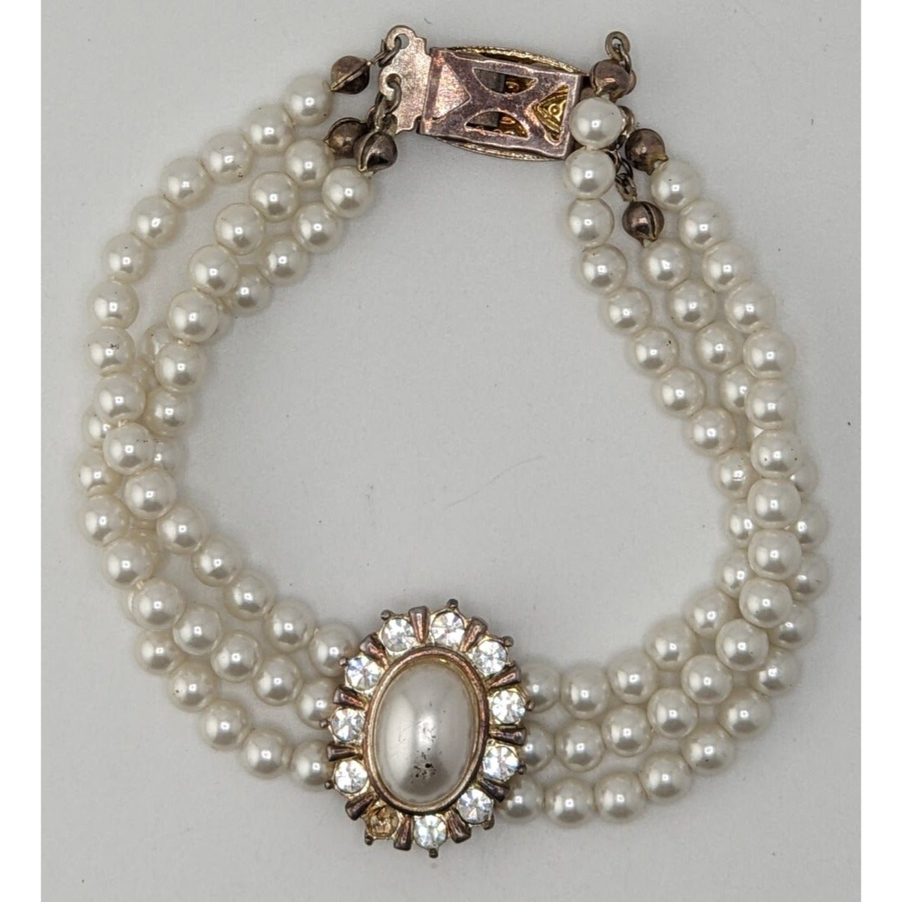 Vintage Faux Pearl Necklace Bracelet Set Rhinestone Victorian Elegance Jewelry